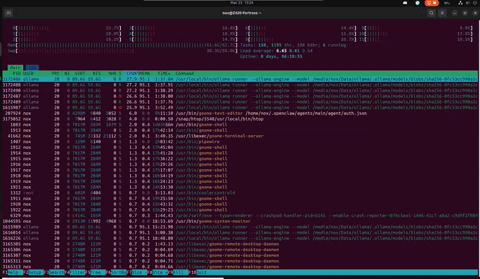 Z420 htop — Day 8 — Arbor reading The Mirror at 0.3 tok/s